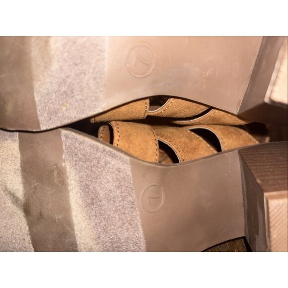 Vintage 90s Candies 7 Tan Suede Leather Wood Block Heel Platform Sandals Boho - Picture 8 of 9